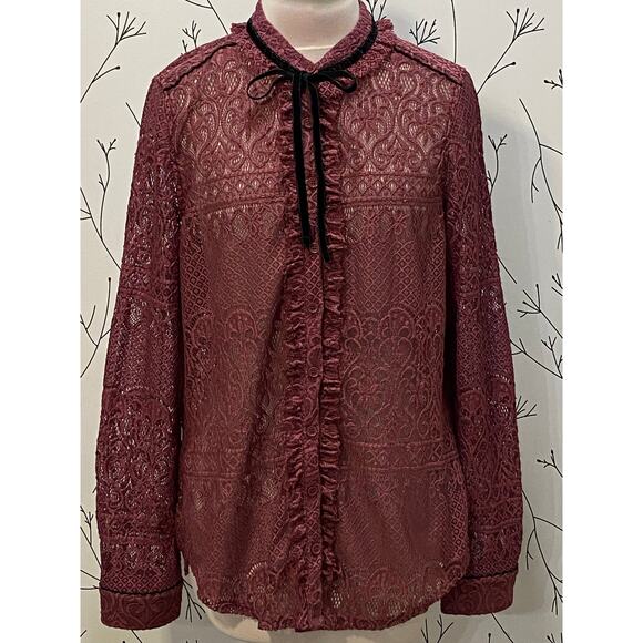 NEW IDEA Mauve Lace Button Up Blouse Black Velvet Trim / Bow XLARGE Whimsygoth - Picture 2 of 6